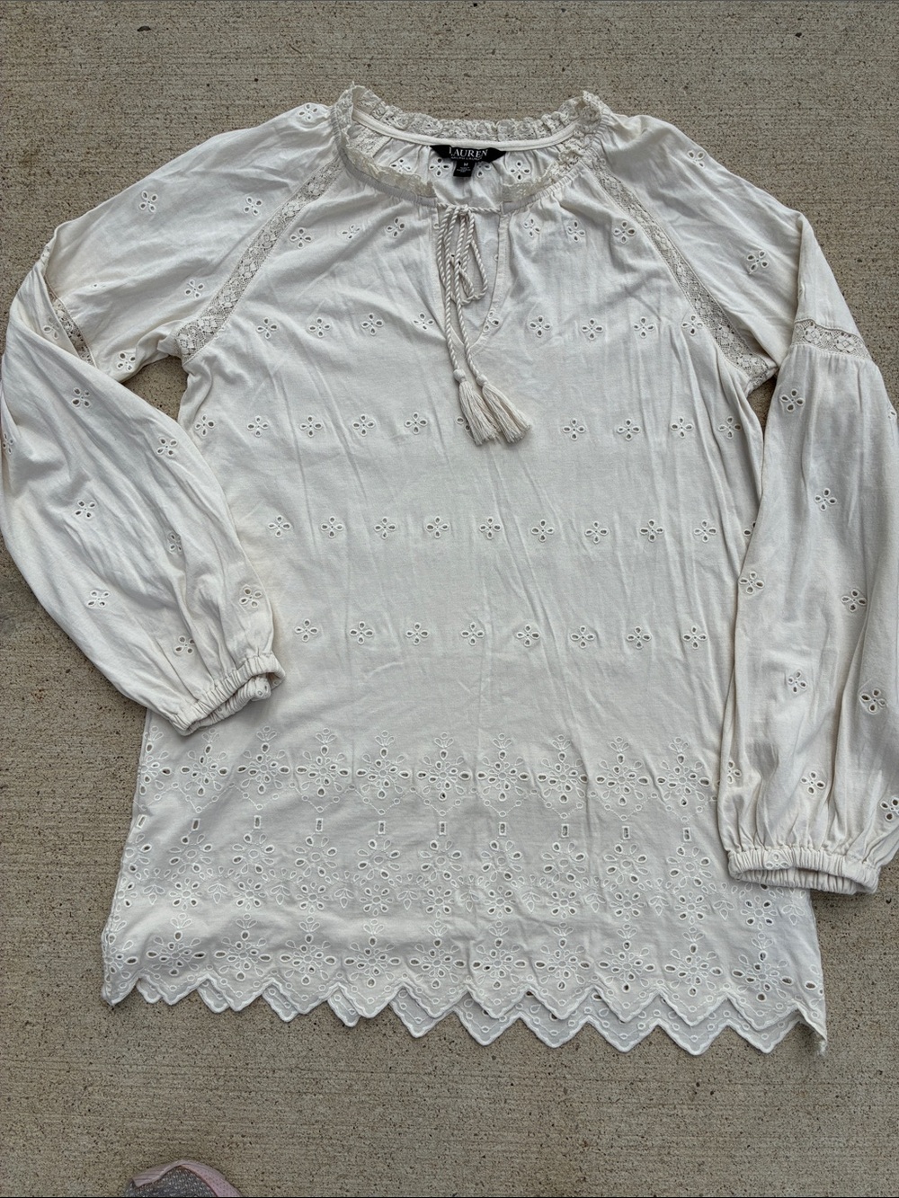 Lauren Ralph Lauren Ivory Eyelet Peasant Tunic with Tassels